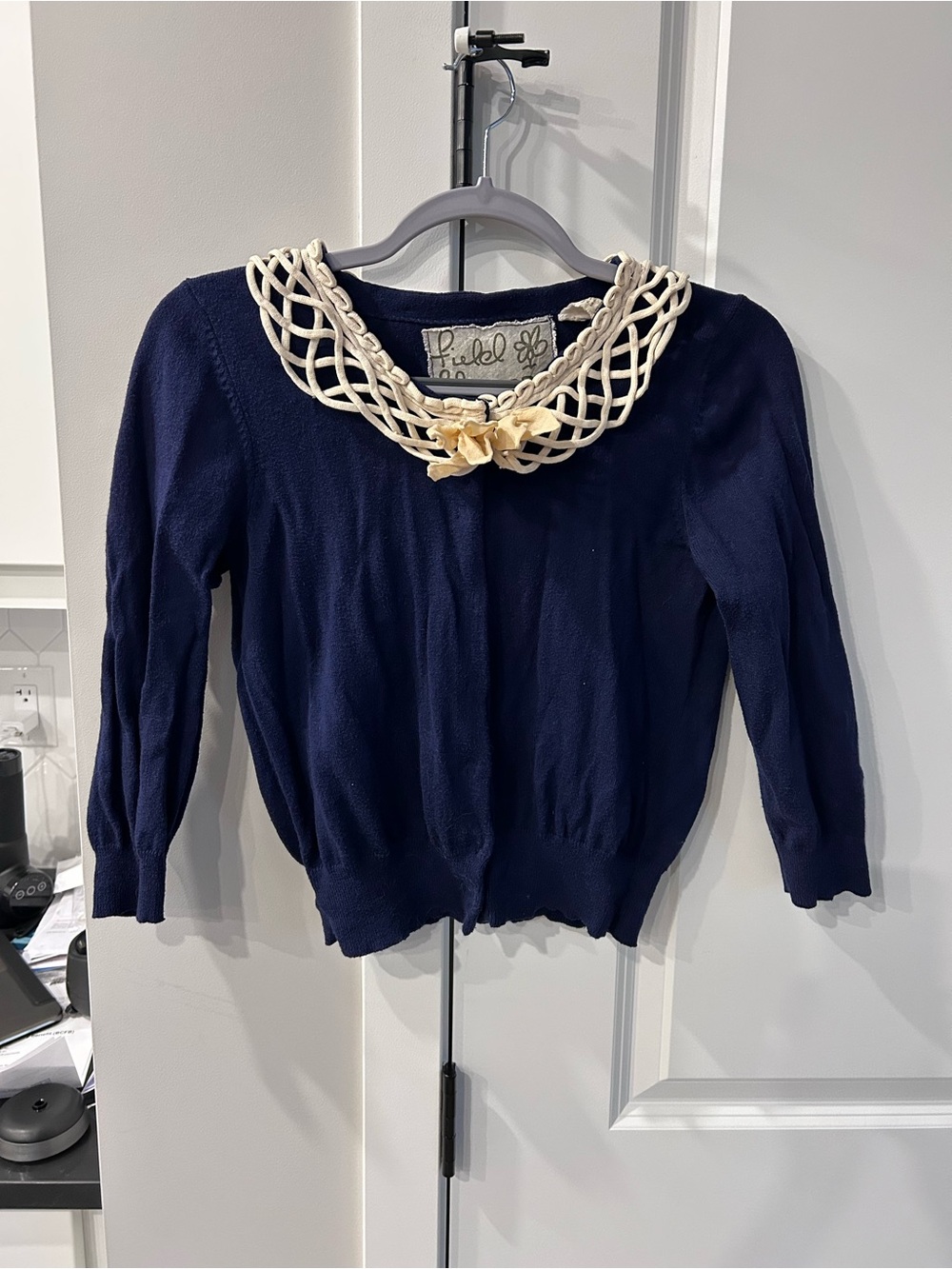 Anthropologie Field Flower Navy Blue Sweater Cardigan Crochet Cottagecore Chic
